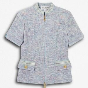 St. John Collection Pastel Knit Jacket Short Sleeve Zip Front Tweed Multi Color